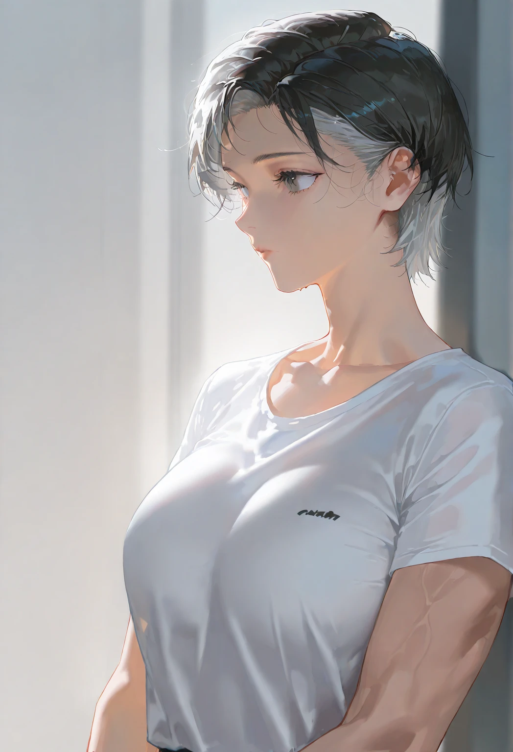 (((Masterpiece))), (portrait), Ayaka, diffused light, dynamic shadows, sharp focus, realistic, detailed, highres, absurdres, white background, (boobsqueeze), looking to the side, v arms, (((t-shirt))), no bra, photorealistic, lifelike, wet, mascara, blushing