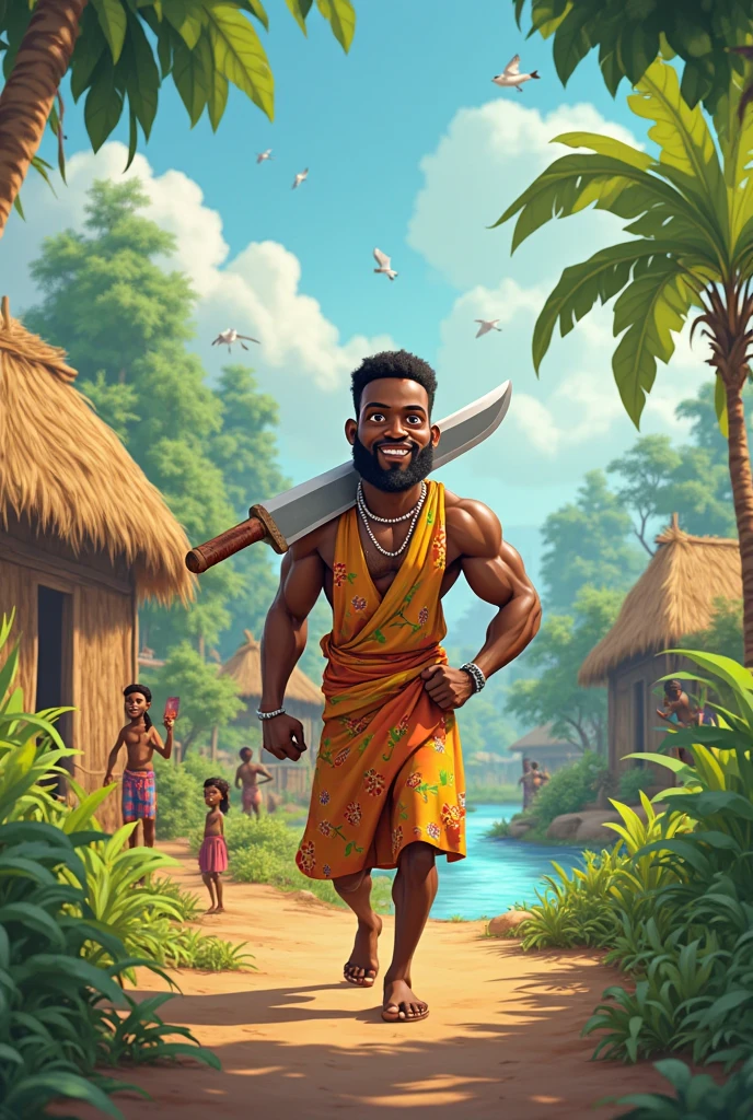 Colorful, animated jungle cartoon image featuring a man wearing a dhoti and an axe in his hand