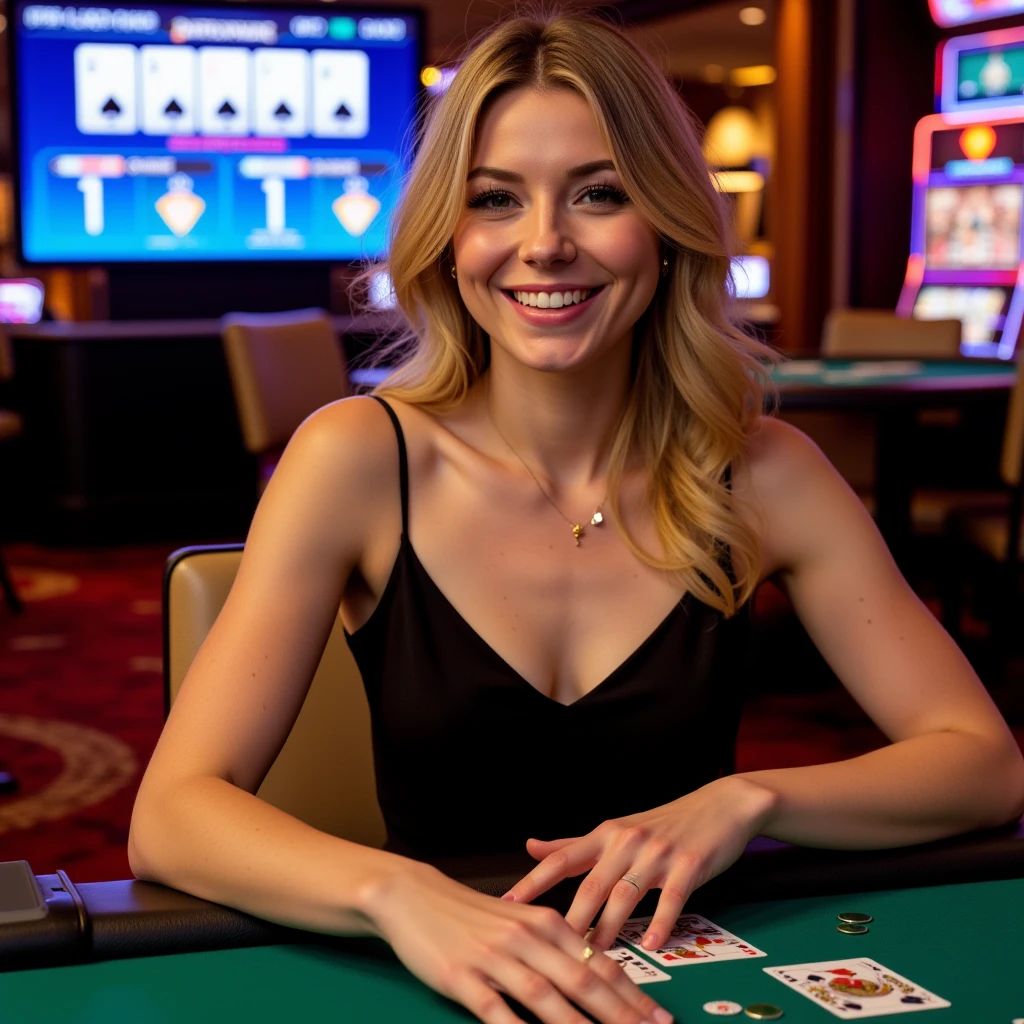 Beautiful blonde with big breasts in a dress (Playing poker in a Las Vegas casino),Wearing headphones,Very detailed, 21 years old, Innocent face, Naturally Wavy Hair, blue eyes, High resolution, masterpiece, Highest quality, Intricate details, Very detailed, Clear focus, Delicate skin, practical skin texture, texture, Delicate eyes, Professional, 4K, Cute Smile, Shot with Canon, 85mm, Shallow and deep,  Kodak Vision Color, Exactly, Very detailed, photograph_\(Extremist\), photographpractical, practical, Post-processing, Maximum details, Roughness, Real Life, Extremist practical, Photorealism, photographgraphy, 8K Ultra HD, photographgraphy