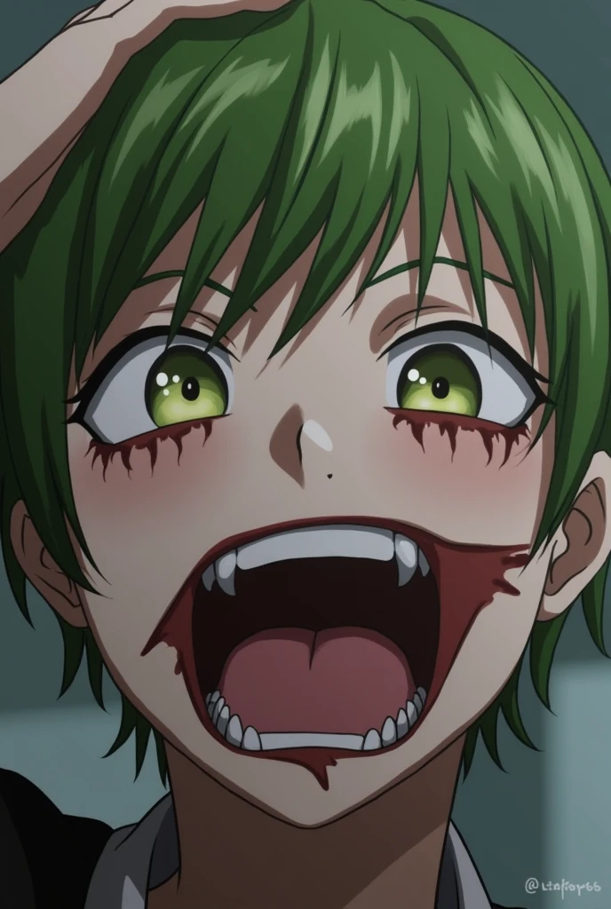 DETAILED, DENSE, MASTERPIECE, one girl, beautiful, 22 years old, smooth skin, glowing skin, glowing hair, clear eyes, glowing eyes, red eyes, soft lips,(viewer Looking down: 0. 8) smiling slightly, cheeks stained, mouth open, one girl, soft skin, large breasts, glowing skin, (Masterpiece: 1.0), (Realistic: 1.6), (Soft Focus: 1.5), full body, big lips, sexy face, sharp eyes, grin, skinny waist, (((skinny waist))), pastel pink jacket,smile,body horror,nurse,scary, sexy, zombie, decay, sharp teeth, green skin, patchwork, ((white hair)), big platform boots, fur on boots, buckle on boots, fur coat, sexy, trendy, ((pale green skin)), yellow glowing eyes, dead, undead, gray green skin