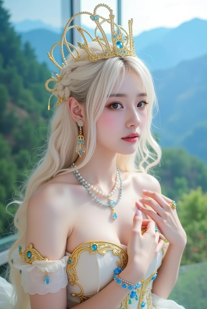 Absurd, ultra-detailed, high quality, masterpiece, detailed face, beautiful eyes(detailed eyes), Greek mythology Goddess, Hestia, goddess of the hearth and home, gentle and graceful, face exudes warmth and kindness, eyes described as soft and comforting, hold a gentle and steady gaze, golden hair color , The golden hue of her hair reflects her role as the goddess of the hearth , It falls in gentle waves, hair is adorned with simple floral accents, overall appearance is simple and modest, The fabric of her garments is usually depicted as soft and earth-toned, beauty lies not in extravagant adornments, Her smile is serene and welcoming face turned to the camera, full face,