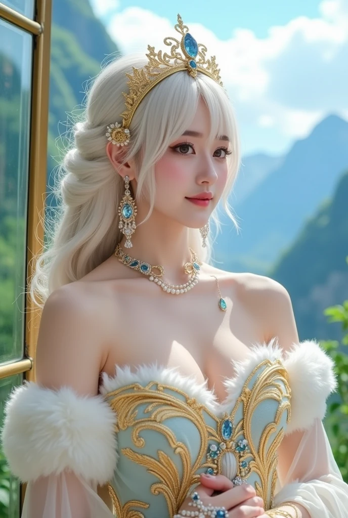 (masutepiece), Professional , masterpiece、top-quality、photos realistic , (Gemstone Silver Metal Body:1.9),(Matte White、Particles of light、Jewel Gold Weapon、(Gorgeous castle background)、(White Micro Bikini)(Jewel Metal Body:1.4),(Gorgeous Jewel Metal Weapons) , Detailed Sword of the Brave ,( The dragon) ,warhammer 40k , adepta sororitas,Detail and ornate jewel crown、独奏、Black hair、(Gangle's forest background)、Beautiful Caucasian beauty、1a person、dynamic ungle,(((Diamond tiara with detail and luxury)))、a small face、A smile、Powerful poses、(Gorgeous castle background)、huge-breasted、20 year old beautiful woman、Stand in the center of the screen、Thin female fingers、Smaller head、Glamorous body、Beautiful ass、