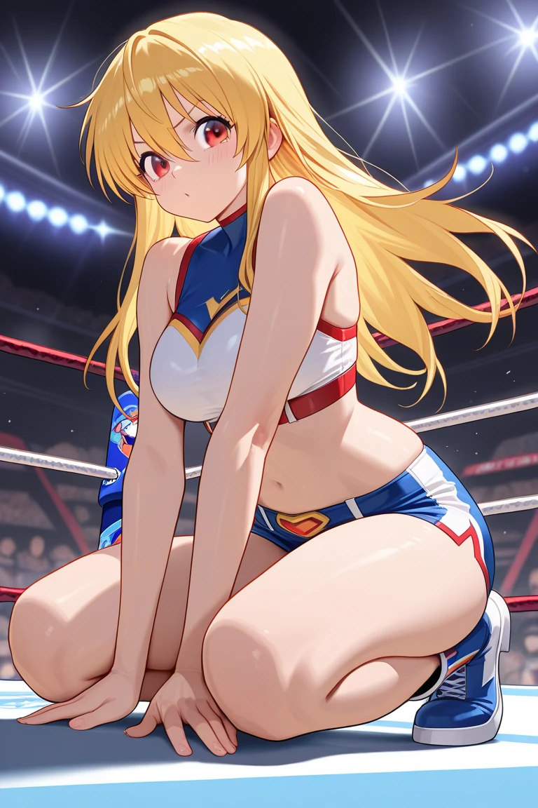 cecilia alcott,1girl, solo, blonde hair,long hair, blue eyes, drill hair、Blue high-leg retard、The background is professional wrestling