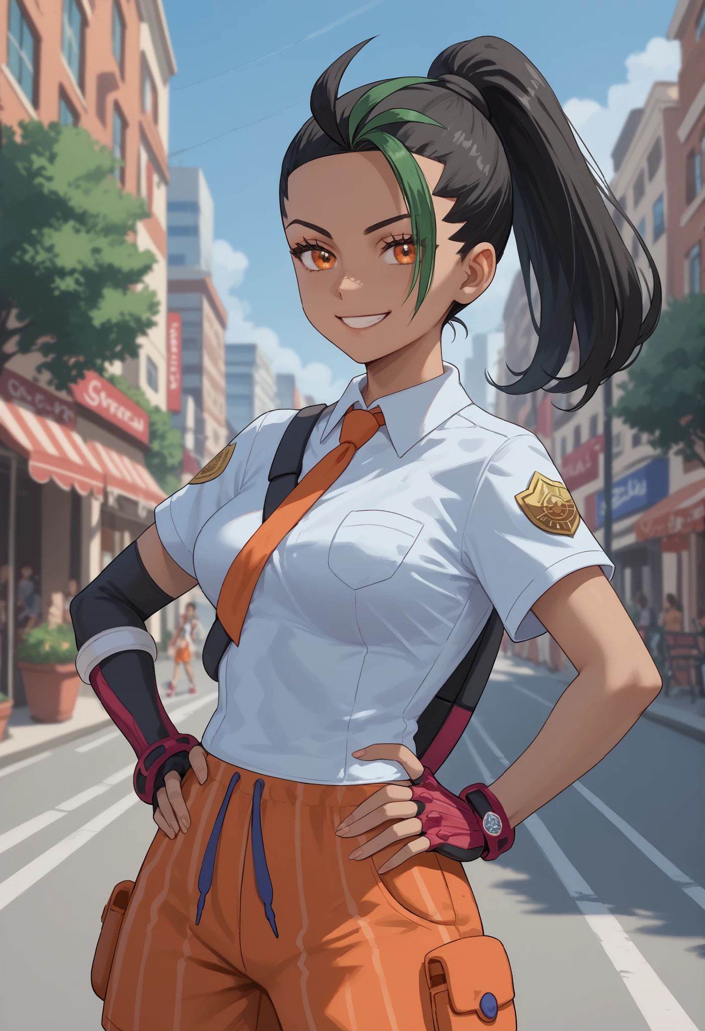 a woman looking at viewer and smiling, hand on hip, out on a city street, Nemona \(Pokemon\), black hair, green hair, orange eyes, dark skin, multicolored hair, two-tone hair, ponytail, hair pulled back, collared shirt, fingerless gloves, orange shorts,
