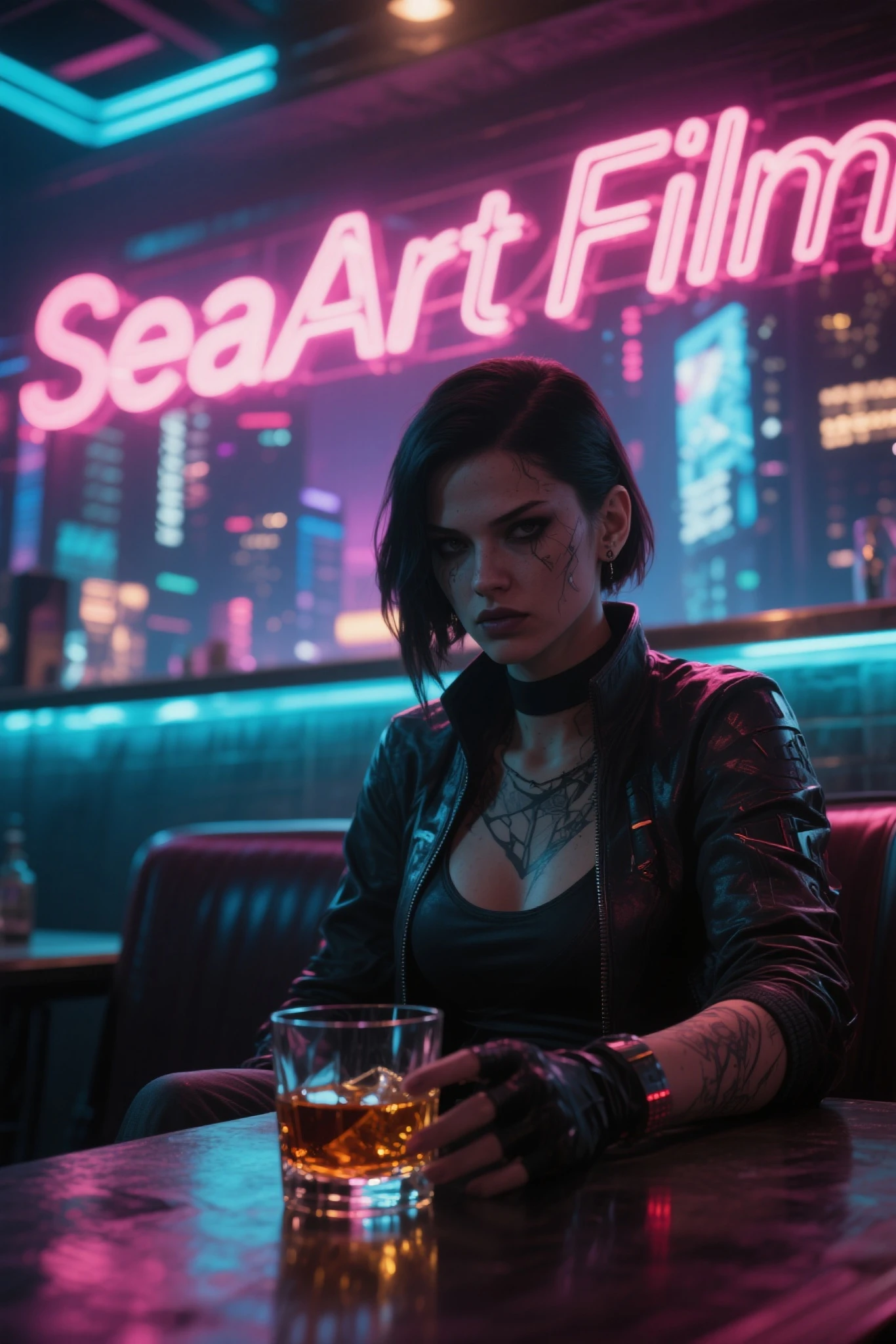 Cyberpunk female killer sitting alone in a bar,Strong neon backlighting behind “SeaArt Film”,Heavy facial shadows,city lights reflected in a whiskey glass, close up,Violent texture,ultra-realistic movie style