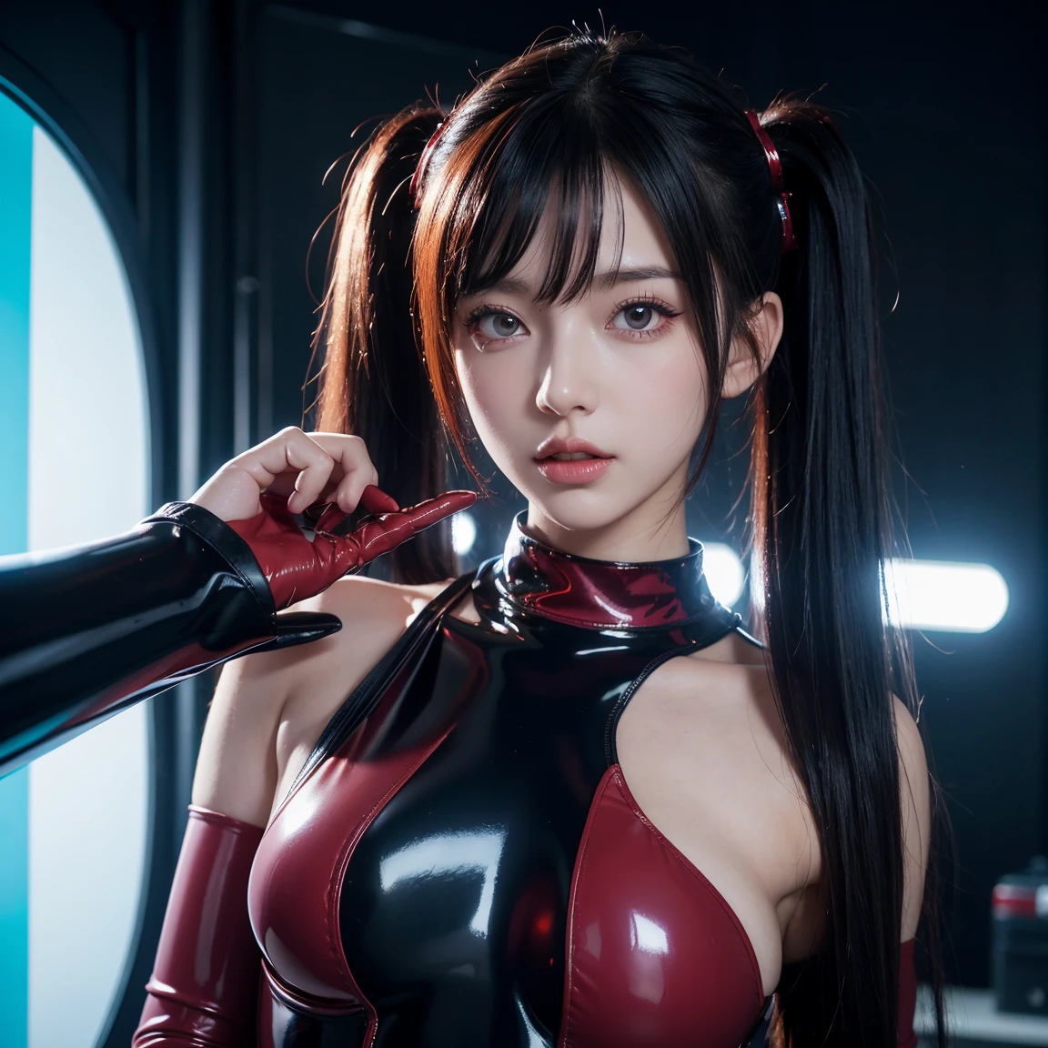 Top image quality、real photographic、4K、Beautie、ponie tail、japanes、spiderwoman、mini-skirts、White shorts、Decided Pose、rubbersuit、Skirt for the lower body、 --auto
