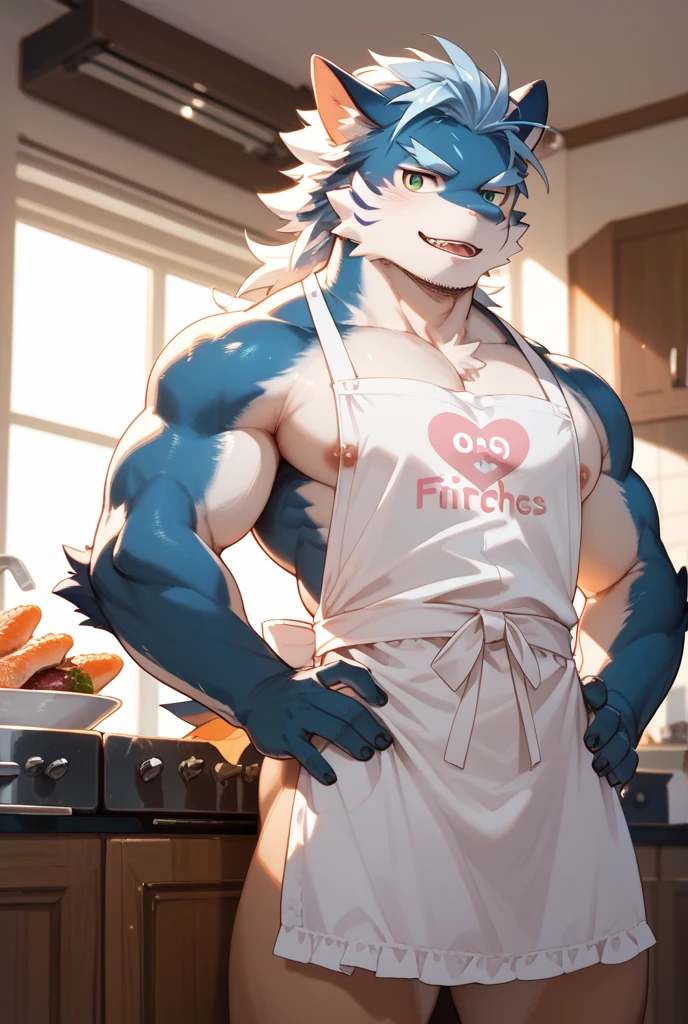 (Best quality: 1.0), (Super High Resolution: 1.0), (masterpiece, best quality:1.2), detailed, detailed hands, detailed eyes, score_9, score_8_up, score_7_up, furry, anthro, ((dragon)), ((solo)), grandpa, (about 70 years old), (manly), horns, handsome face, huge, bangs, white beard, beard above mouth, fluffly fur, nipples, looking pleasured, sexually, sexy pose, SFW, kitchen, (apron), nude, bulge, flaccid, in heat, panting, sweat, sweaty, musk, (skinny, shy), hands touching, (looking at viewer, shy), blushes:0.3, wearing glasses, first person view, close up view, (by bebebebebe, by syuro)