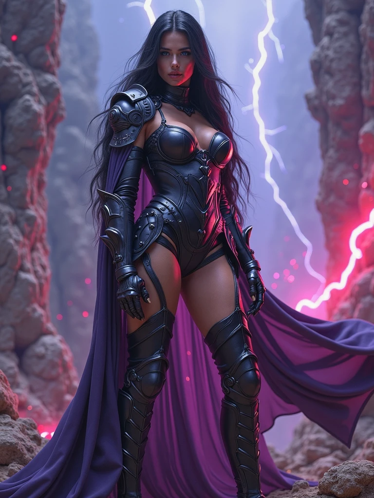 Beautiful face, sexy, sharp features, 8k, high definition, purple armour, golden tan skin, purple hair, glowing purple eyes, flawless face, queen