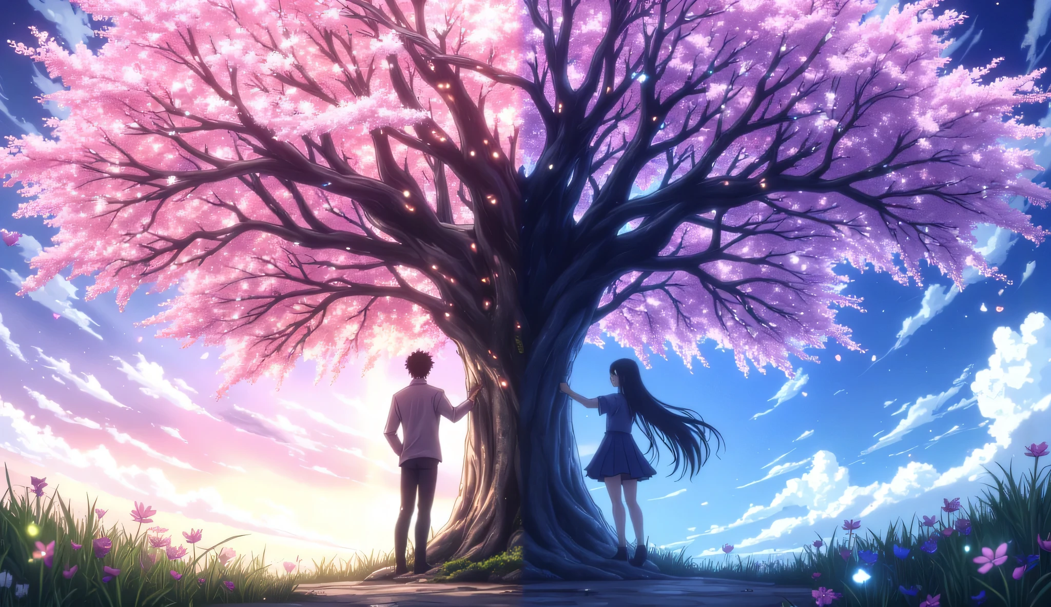 A large, beautiful cherry blossom tree stands at the center of the scene, its branches spreading wide. On either side of the tree stands a Japanese high school student—one boy and one girl—each gently placing one hand on the trunk. The composition is slightly pulled back, with the tree dividing the scene into two contrasting worlds.
On the left, a world of light: warm spring sunlight filters through the petals, casting soft glows on fresh grass and blooming flowers. The boy stands here, wearing a bright-toned school blazer, his short black hair stirred gently by a spring breeze.
On the right, a world of darkness: night envelops the girl, her long straight black hair swaying in a quiet, cool wind under the pale glow of the moon. She wears a subdued-colored sailor-style uniform, reflecting the serenity of her world.
Though they are lovers, they exist in parallel worlds and cannot meet. Their eyes reflect quiet emotions, a deep longing restrained beneath the surface. The cherry blossom tree, glowing softly in both light and shadow, symbolizes both their bond and separation.
The entire scene is drawn in a delicate and beautiful Japanese anime style, with fine lines and gentle color gradients, evoking a bittersweet, dreamlike atmosphere of love suspended between two realms.