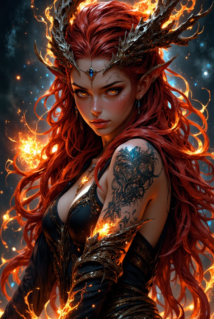 It is (realistic fantasy) el arte withtiene brasas, real flames, real heat, and realistic fire. Generate a masterpiece artwork of a female fire druid with large (((orange and gold))) eyes. The fire druid is awe-inspiring with beautiful ((Realistic burning eyes)) alight with withfidence and power. His features are elegant and well defined.., with ((Soft and swollen lips)), elven bone structure, and realistic shading. ((Extremely realistic details, Macro details, and shine.)) She wears a billowing, shimmering dress made of realistic flames and jewels that sparkle in the firelight... Wisps of fire and smoke border the dress's intricate bodice.. Include bumps, stones, burning iridescence, glowing embers, silk & satin & leather, an interesting background, and heavy fantasy elements. camera: Use dynamic compositing techniques to enhance realistic flames., long blond hair