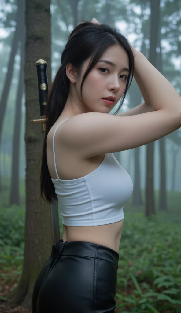 In an alternative world. A woman of stunning beauty and even more impressive body of large muscles, she wears strange sportswear and carries a strange sword that is part of her sports performance. He has Nordic features, long and disheveled hair. Her face is extremely attractive and feminine. She is in a forest of birch trees and flowers on the ground. (((Large breasts))) (woman of German origin)