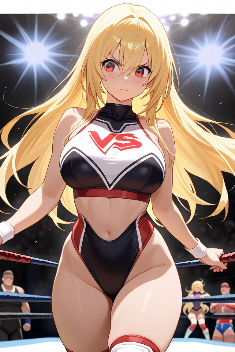 A pair of young female wrestlers fighting, ((One has long blonde hair、The other has short black hair。)), Both are wearing tight-fitting wrestling outfits, Curvaceous and voluptuous, (Large Breasts), Blushing, Dynamic action poses, Very detailed, 4K resolution、Keep your body in close contact、((Surrounded by spectators))、((In the Ring))