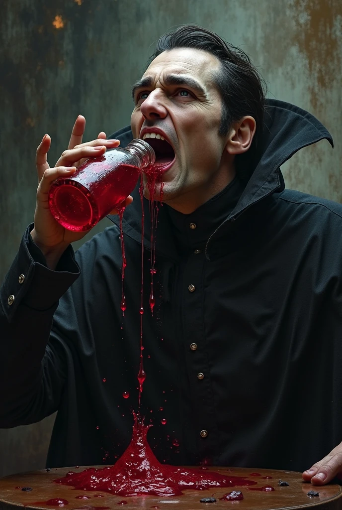 Photorealism realistic dark room table old scary male black appearance long hair holding glass of blood window low light effect blood effect big eyes fang teeth scar on face dramatic effect smoke effect