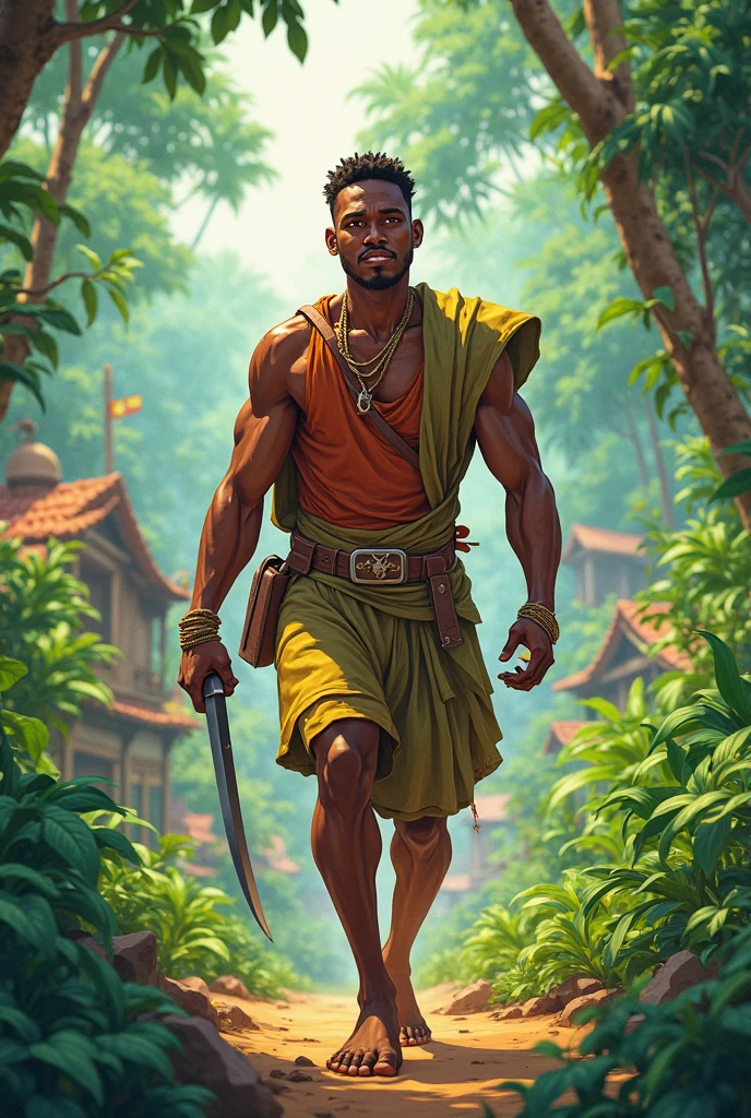 deddyfebriyadi, image depicting the favela, man with a sword, shirtless boy, with scar, full body image, (extremely detailed CG unit 8K wallpaper, Artwork, best quality, ultra-detailed, hdr:1.2), in flip-flops, houses underneath one another, brick, mud floor, scar on the leg, house hallway. deddyfebriyadi