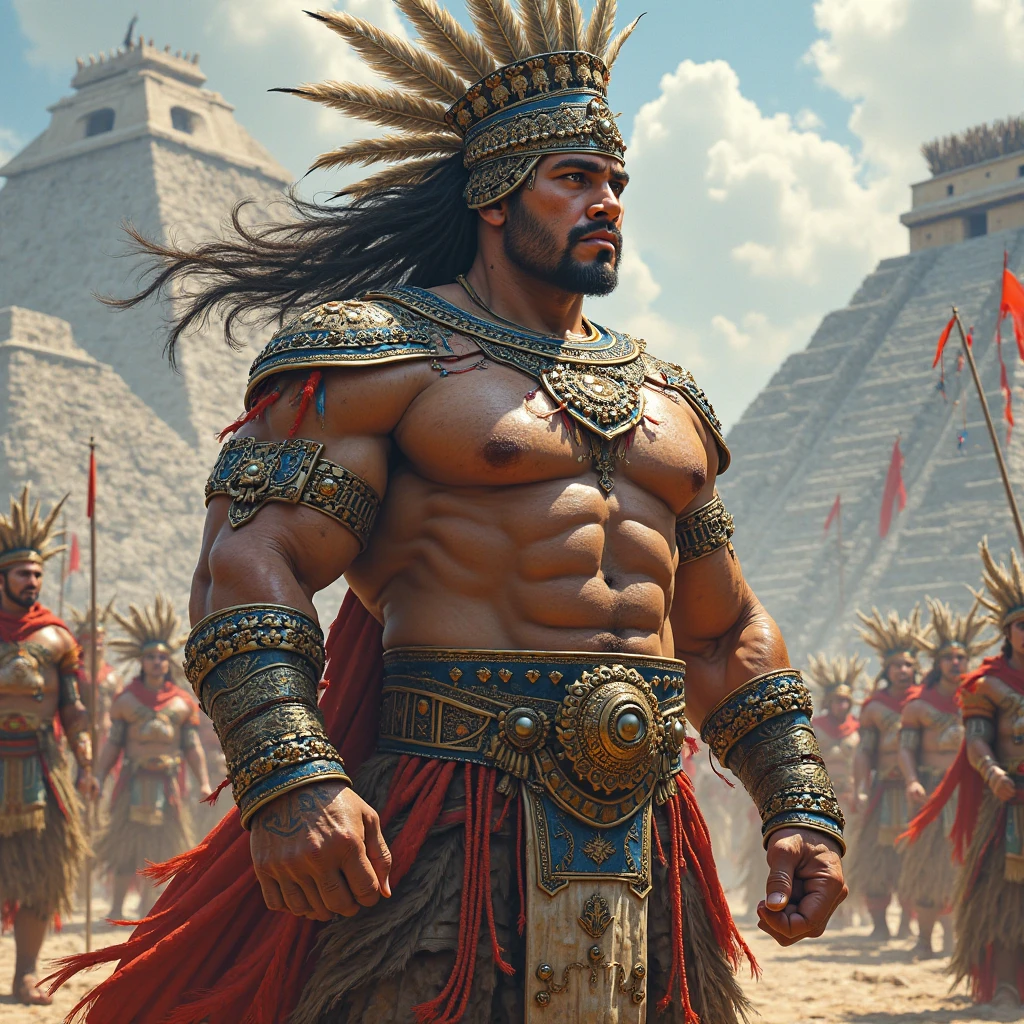 Aztec warrior, typical armor, feather helmet, warrior makeup, wielding a spear and shield, Ready to fight, Whole body, yelling, seen from the front, epic perspective 