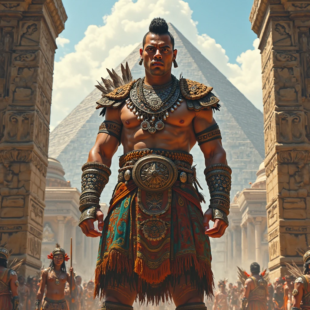 Aztec jaguar animal warrior carrying a sack of cement on his shoulder