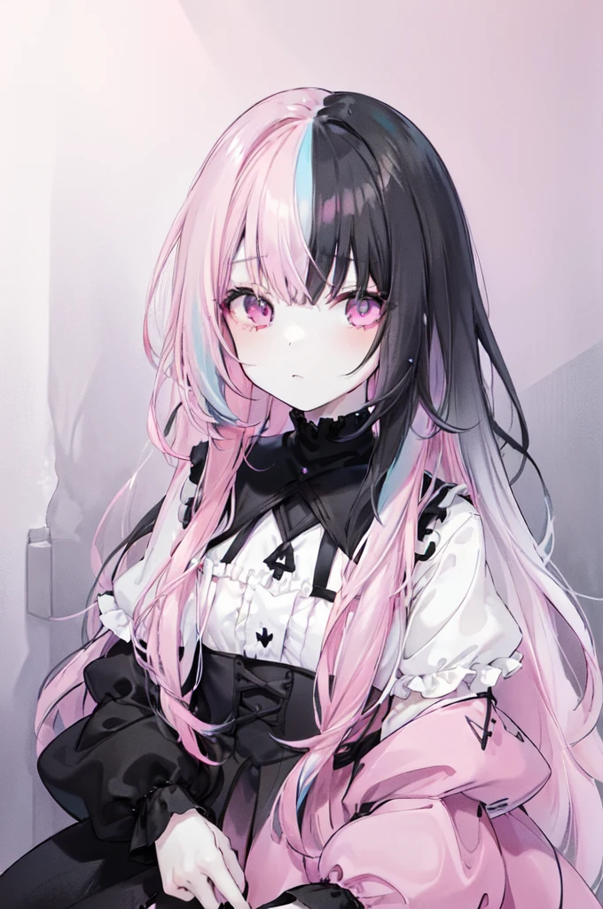 <lora:hlfcol:0.8> (hlfcol haired girl with black and pink hair)