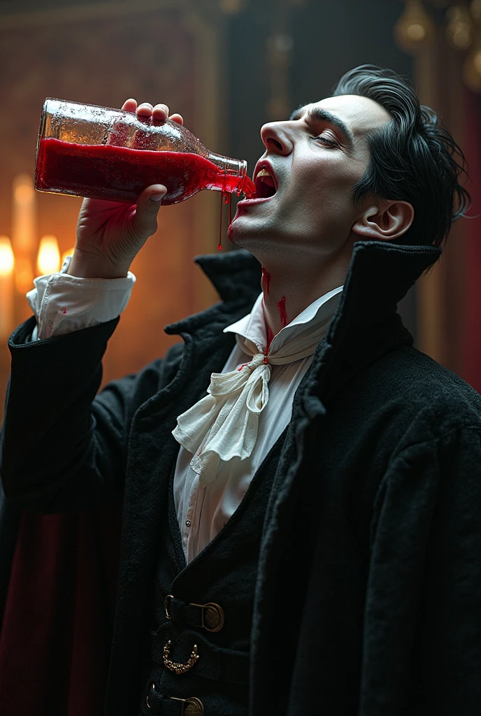 Dracula, wearing a black cape and showing sharp fangs, is seated at an upscale bar in Ginza, Tokyo, sipping a blood-red cocktail. The bar has a luxurious and elegant ambiance, with dim lighting, sleek decor, and a well-stocked bar behind him. Dracula's black cape drapes over his shoulders, adding to his dark and mysterious presence. His sharp fangs are visible as he sips the vibrant red drink, creating a striking contrast with the moody, sophisticated atmosphere. The image is realistic with a cinematic quality, capturing the essence of a classic vampire in a modern, stylish setting