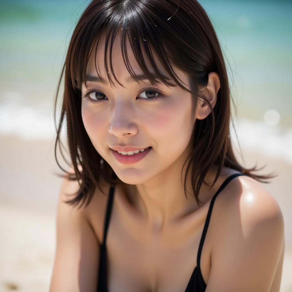 (masterpiece:1.2, highest quality), blur the background,Photographed with a wide-angle single focus lens,1 High school girl, (big boobs), posing naked, brown hair,bright eyes,blushing face,Highly detailed face and skin texture, healthy skin,big smile, (beach),4K resolution