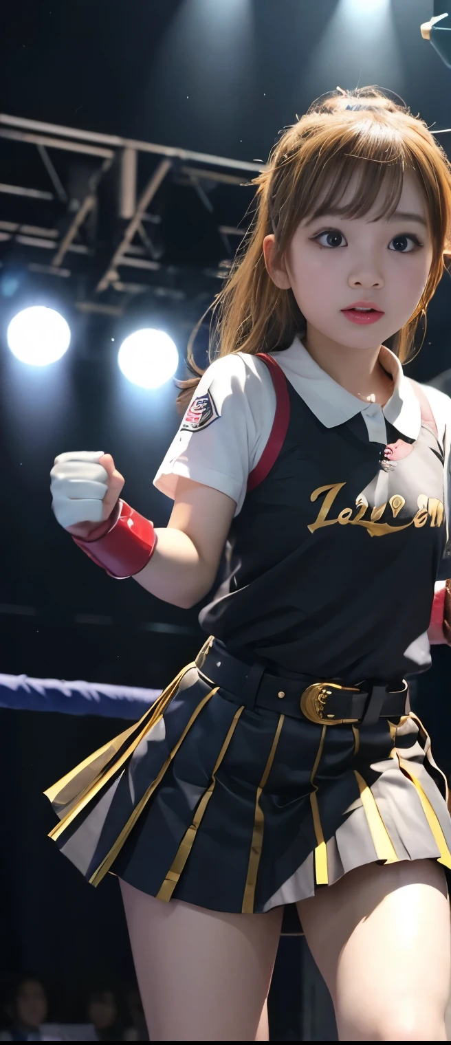PURE FIGHTING IDOL GIRL、A pure girl's face、 hypo、、 Gold Pleated Mini Skirt、、fighter belt、The glowing fist of thunder、