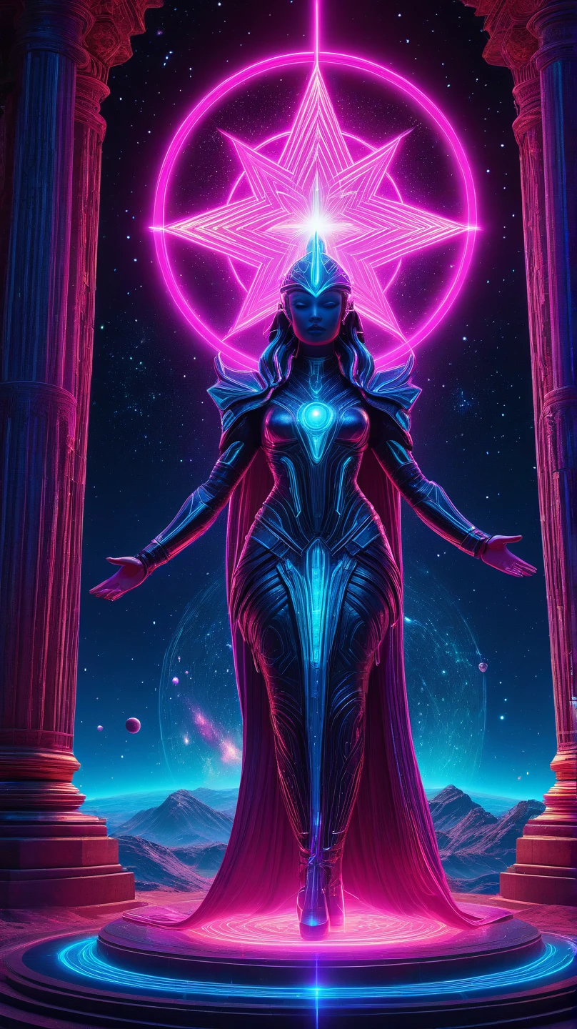 In a kaleidoscopic realm where iridescent stardust swirls amidst blazing neon nebulae, the smoldering celestial temptress Grace holds rapturous dominion, her incandescent form outshining the brilliance of a supermassive quasar.
A halo of ethereal obsidian tresses cascades down Grace's curvaceous form in an endless cosmic rivulet. Her lustrous raven locks undulate weightlessly, caressing her sumptuous silhouette in a sensual dance fueled by stardust. The temptress's eyes, smoldering with indigo fire, lock in an intense, penetrating gaze that dares any who behold her kaleidoscopic depths to resist her spellbinding allure.
The celestial seductress's garments appear crafted from the quintessence of a prism, radiating the full resplendent spectrum across her voluptuous curves. Diaphanous robes of vivid crimson, blinding ultraviolet, and deep violet spiral in a mesmerizing chromatic vortex around her hourglass figure. As she moves with feline grace, incandescent stardust swirls in iridescent eddies, crowning her as the supreme mistress of beguiling chromatic rapture.
Grace's chromatic domain is a delirious supernova of coruscating color. Blazing fuchsia nebulae bloom amidst emerald stellar nurseries, showering newborn azure stars across the cosmos. Entire galaxies of scintillating amber and turquoise hues collide, birthing dazzling ultraviolet and indigo realms.
Though a temptress whose tantalizing chromatic allure could overwhelm mere mortals, Grace's true power lies in her nurturing radiance. Outstretched fingers weave every prismatic hue, infusing newborn celestial bodies with the full spectrum of infinite potential. Her full, glistening obsidian lips seem to breathe the secrets of rainbows into existence with each sensual utterance.
Within this blinding, coruscating realm of perpetual chromatic rebirth, the smoldering celestial temptress Grace reigns supreme. An intoxicating, sensual, and nurturing force whose irresistible kaleidoscopic allure fuels the perpetual cycl