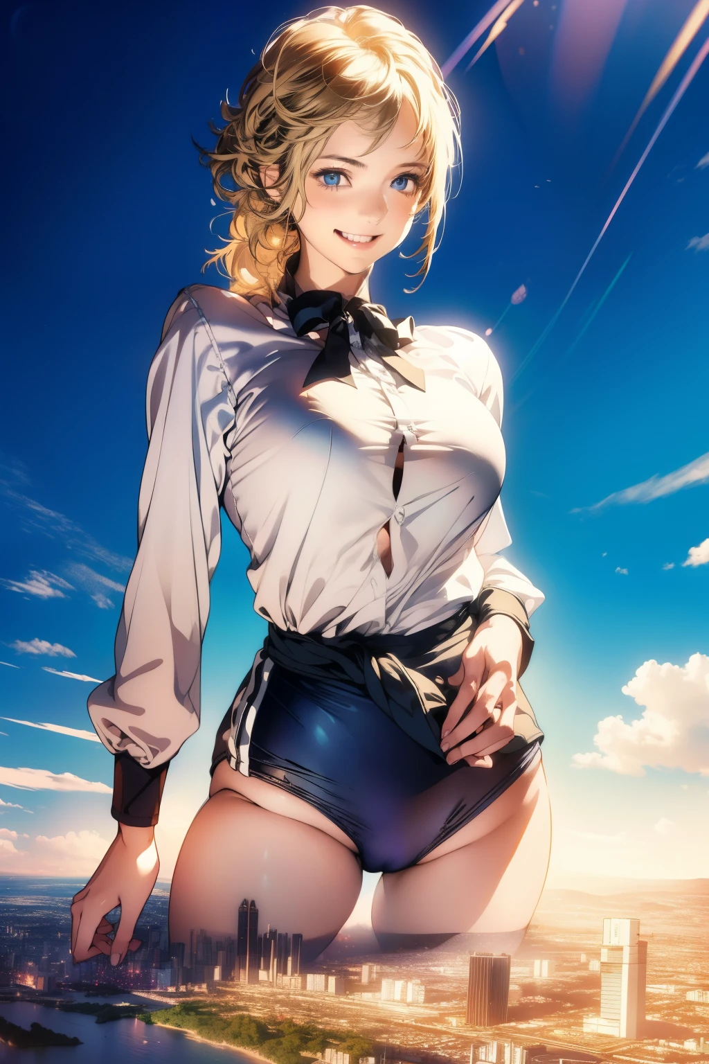 masterpiece,(ultra-detailliert),1girl in, Mysterious heroine XX \(fates\), A smile,open open mouth, swim wears, a white bikini, side-tie bikini bottom, Shrug \(garments\), jaket, wristbands,the beach, is standing、Facing backwards、(Show your ass:1.3)、a blond
