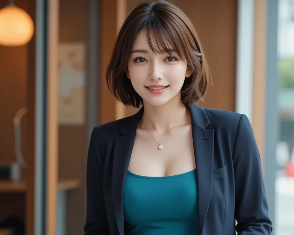 masutepiece, Best Quality, Photorealsitic, finely detail, hight resolution,beautiful japanese woman,beautiful detailed eyes, beautiful detailed lips, extremely detailed face, small head, small areola, cinematic lighting, photorealistic, 8k, high quality, hyper detailed, look at me,smile,(dress shirt),(pencil skirt),(short hair:1.2),(random location),(medium breasts:1.2),(inoueseika),slender,beautifull legs,(cleavage:1.3),(sexy posing),mini skirt, (bokeh:1.3) (black pantyhose:1.2),(office lady:1.4),(all fours:1.3),(from side:1.2)