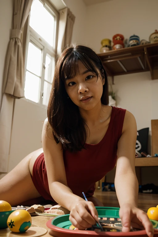 Same Asian girl with red dyed hair lock, desnuda con la pose de perrito