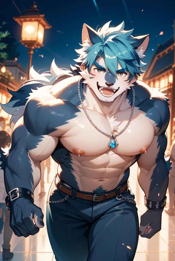 watercolor,Ukiyo-e art,etching,Sunlight,natural lighting,etching,Kyoto Manga,male,juvenile,hairy,White Tiger,(((pure white fur))),(((black and blue pattern)))),(((white hair))),blue eyes,(((Strong body))),face close-up,whole body,octave render,High purity shades,high detail,high quality,third person perspective,(((Nude from the waist up)))