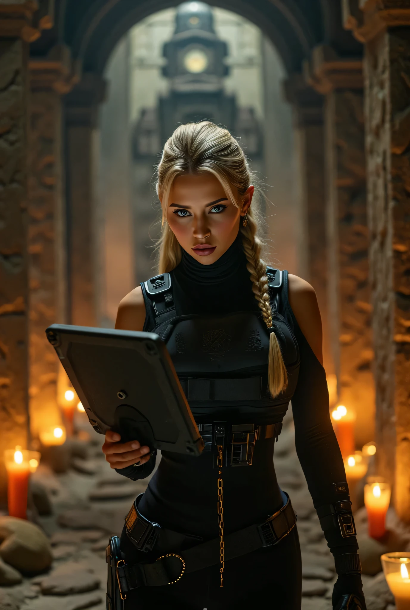 Ultra detailed, cinematic, blonde beauty, facial beauty, ultra detailed face, young blonde woman stands center in a secret underground chamber lined with candles, stone statues, and intricate symbols carved into the walls. Her expression is serious, her brows furrowed in concentration as she deciphers an encrypted code etched into an ancient obelisk. She wears a modern tactical outfit with an academic twist—a digital tablet in one hand, a rosary-like artifact in the other. Around her, strange machinery and ancient relics glow with latent energy. This is the moment of discovery that will change history.
