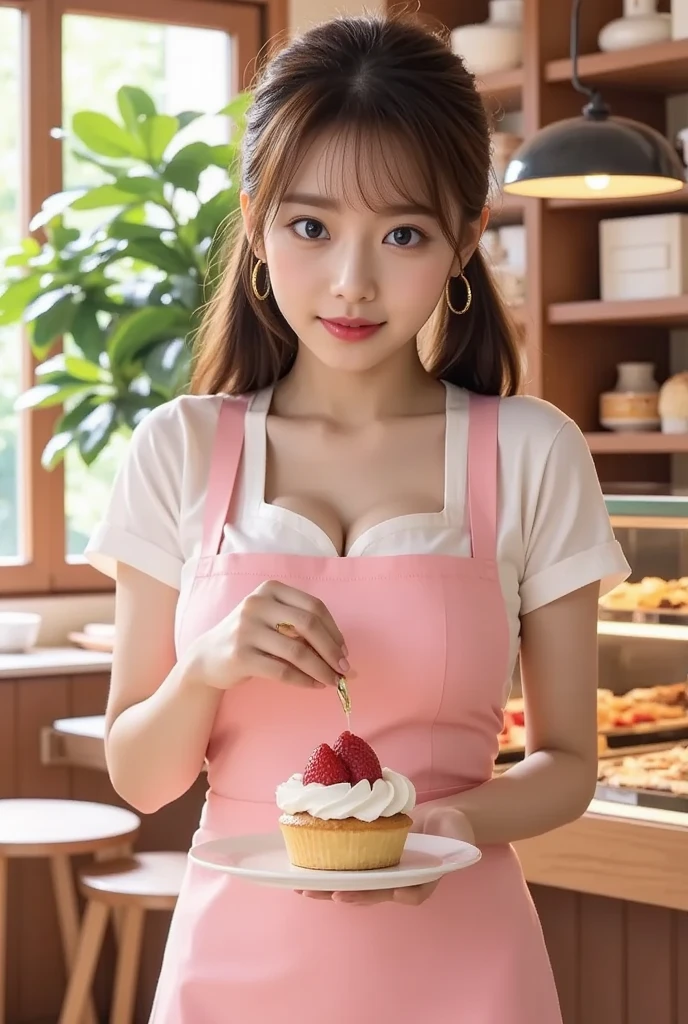 pretty woman on a bakery shop, using a apron, kwaii café skin art style (league of legends), pink and purple colors