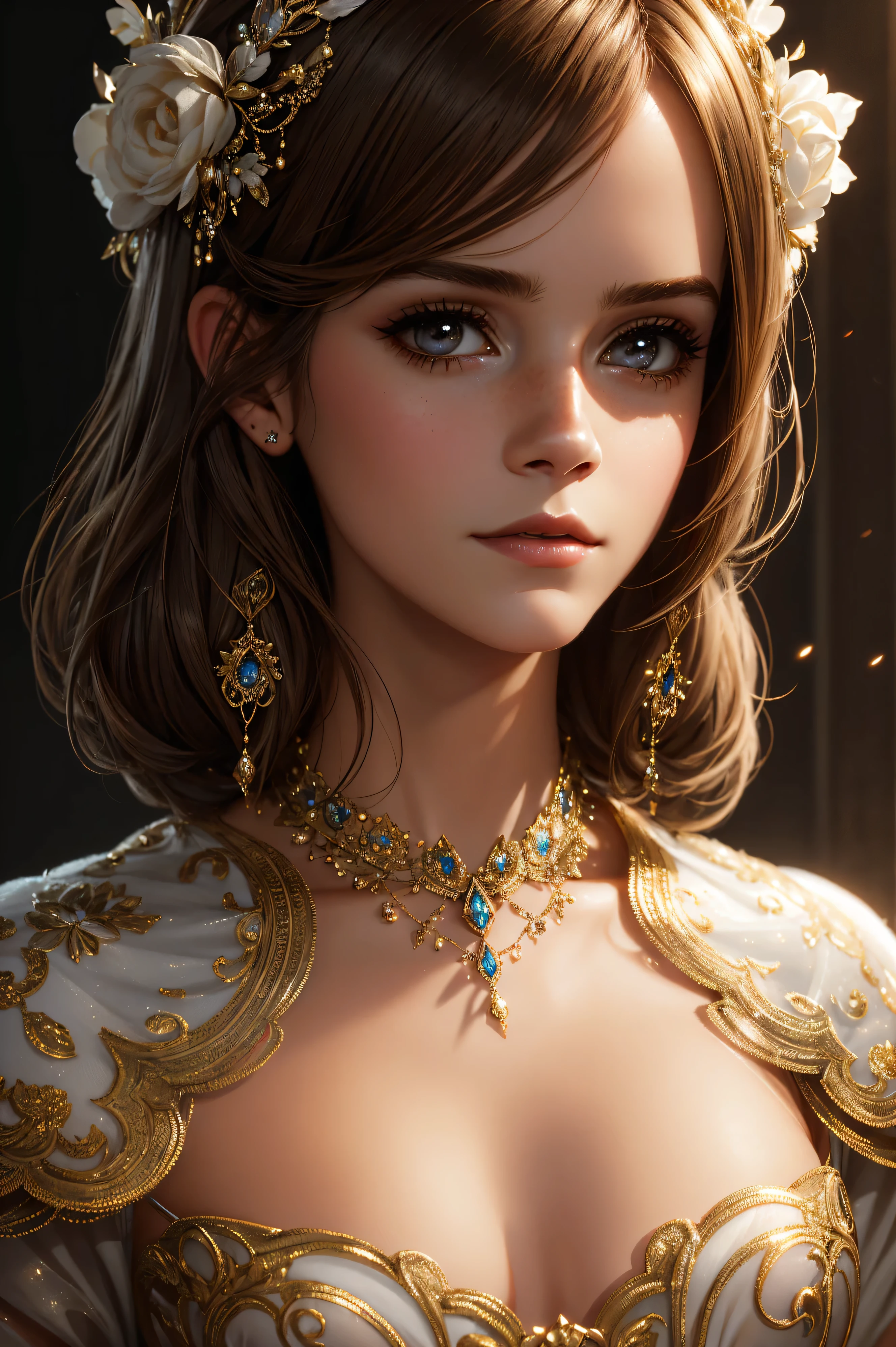8k portrait of a beautiful brown haired cyborg, Complex, elegant, Very detailed, Majestic, Digital photography, ArtJam、Luan Jia、Surreal paintings by Greg Rutkowski、Golden butterfly filigree, Broken glass, (masterpiece, Side light, Beautiful, detailed eyes: 1.2), High resolution, (Detailed background windows take on a new dimension, plants and flowers:0.7) unlimited, unlimitedのシンボル,