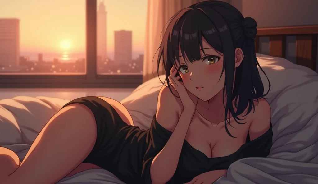masterpiece, highest quality, night, hill, cloud, full moon, Long Hair, Woman sleeping on a mattress hugging a pillow, silhouette, fire Fly,diaphragm.sexy、bikini