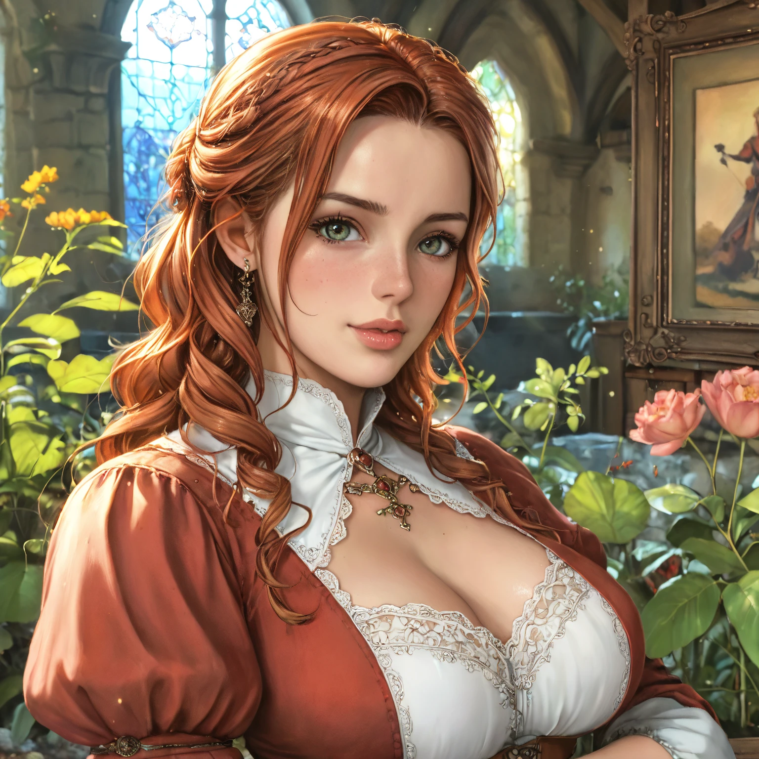 there is a woman sitting on the grass in a red dress, beautiful digital artwork, red haired goddess, cute detailed face, panty reveal, big breast, cleavage, (front focus), (in the dark:1.6), Hyperrealist portrait of female by david hockney and alphonse mucha, cleavage big breasts:1.2, (mini skirt:1,5) , fantasy art, photo realistic, dynamic lighting, artstation, poster, volumetric lighting, very detailed faces, 4 k, award winning, 1girl