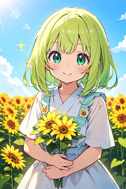 ((A Pretty girl with green hair and blue eyes)), ((wearing white dress)), Baby face, ((top-quality, master piece, ultra-definition, high resolution)), anime girl, ((ultra-detailed illust:1.2)), only one person, bangs, hair between eye, beautiful hair, Shiny eyes, Medium breasts, Big smile, opened mouth, in the sunflower field