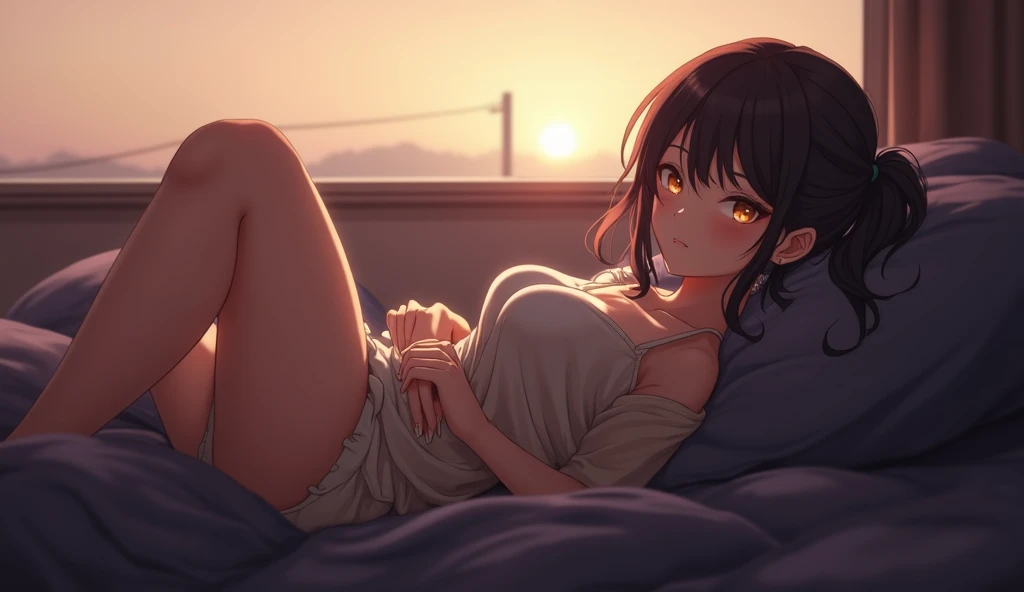 masterpiece, highest quality, night, hill, cloud, full moon, Long Hair, Woman sleeping on a mattress hugging a pillow, silhouette, fire Fly,diaphragm.sexy、bikini