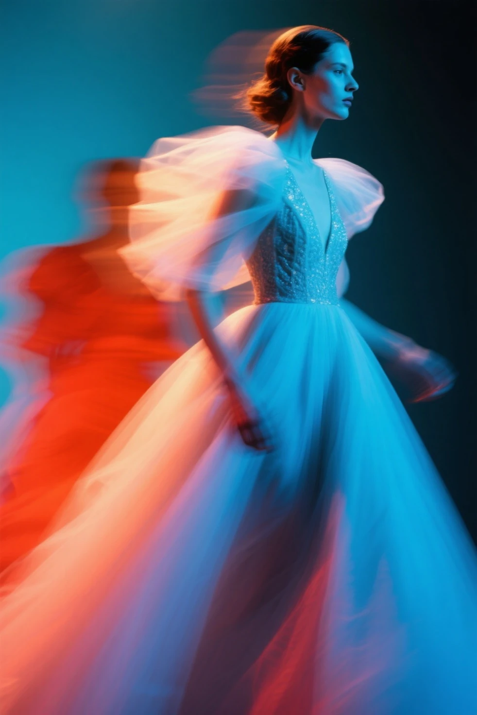 Haute Couture portraits，People in motion，Blurred lines from clothing movement，Colored light films create expressive shadows，Emotional poetry，Contemporary portraits in the style of photography]