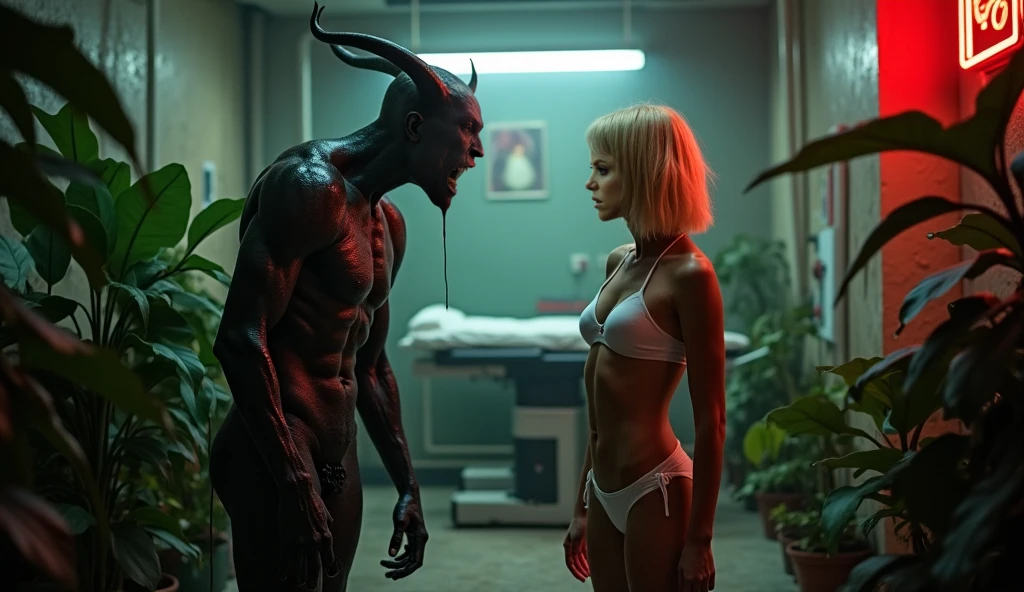 Retro sci-fi film screengrab.

A  woman with short blonde hair and clear plastic glasses. succubus with red skin stands in a dark sci-fi hallway with display panels and pipes along the walls. Damp atmosphere.

The woman has long devil horns and devil wings. her skin is a dark red and her eyes glow like LED lights. She is  and flirty.