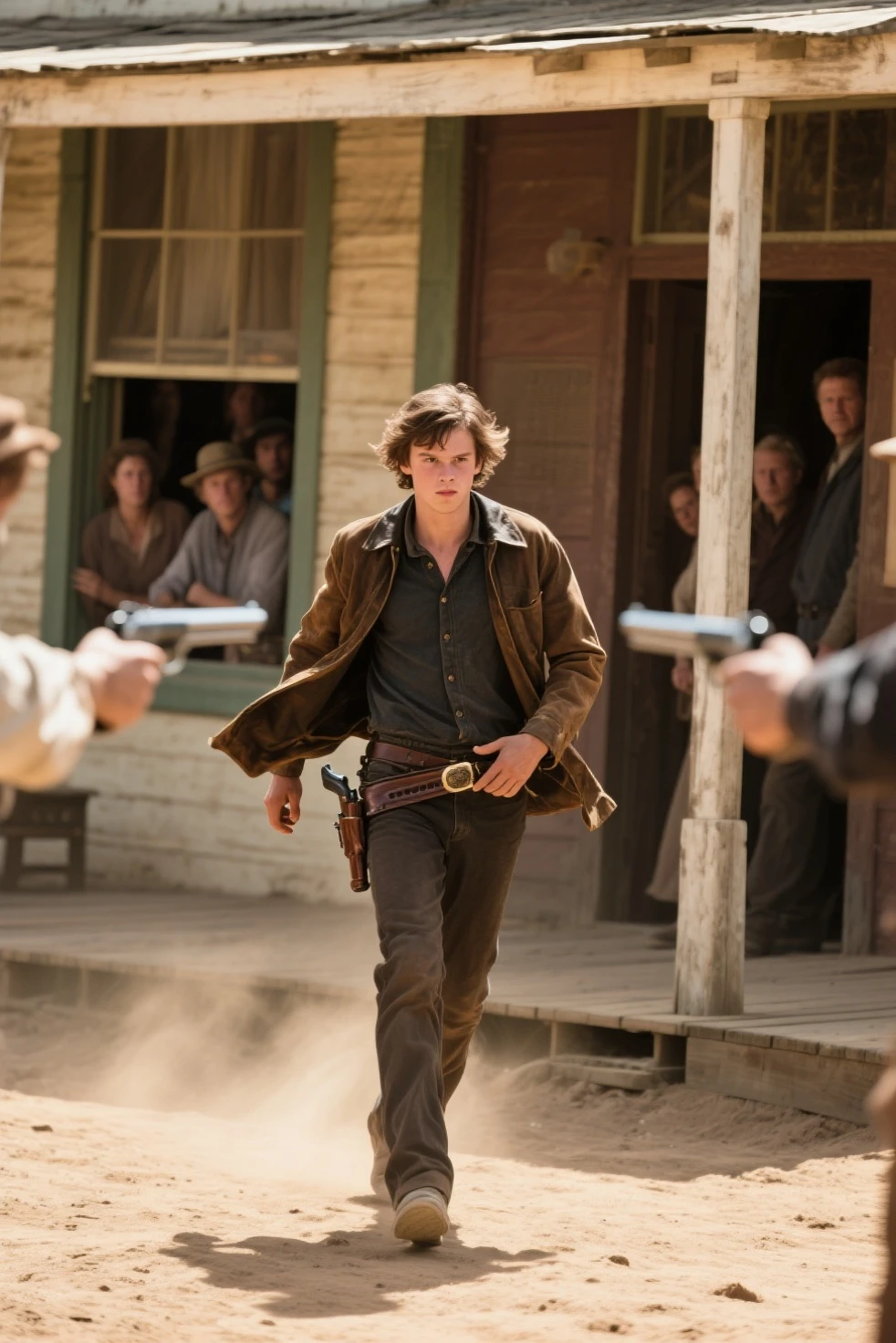 The young gunman walks into a dusty border town,The jacket is flying,hands are close to the holster,people behind the window secretly watching,the tense atmosphere before the duel fills the air