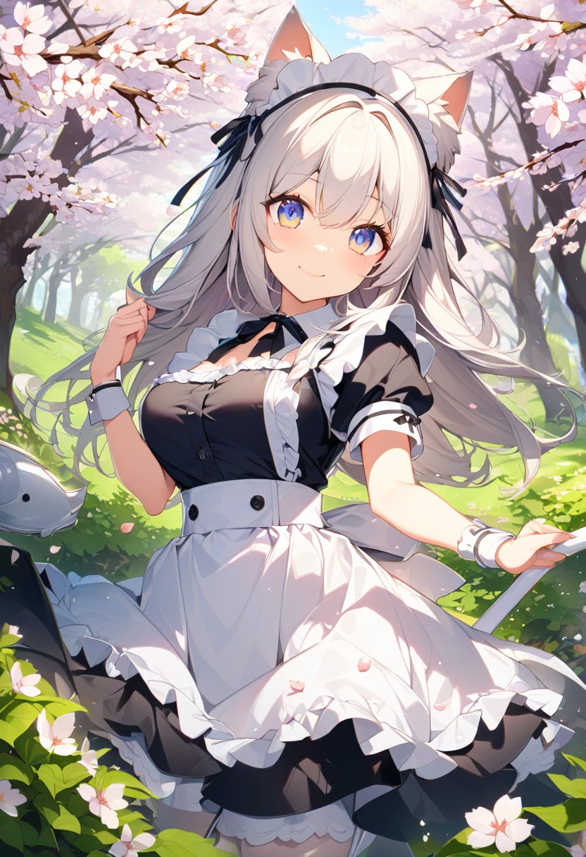 Best quality, super precision, One girl, Blue eyes, White hair, Young, Loli, Cute, maid, maid costume, Blush, Natural smile, Teenage uncensored, Cat's ears, Small breasts, Look up at you, cleavage, Pure, obedience, Sitting, Sit gracefully