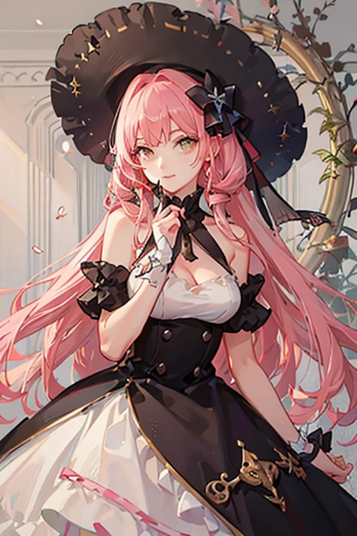masterpiece, highest quality, 1 girl, witch, witchの帽子, Magical girl,Layered clothing with frills, pink long hair, glowing red eyes, white skin, thin, magic wand, smile, High Fantasy,dreamlike digital painting, magical colors and atmosphere,soft light, fantasy art,small breasts,sideways glance,wonderful spring flower mood,Alchemist