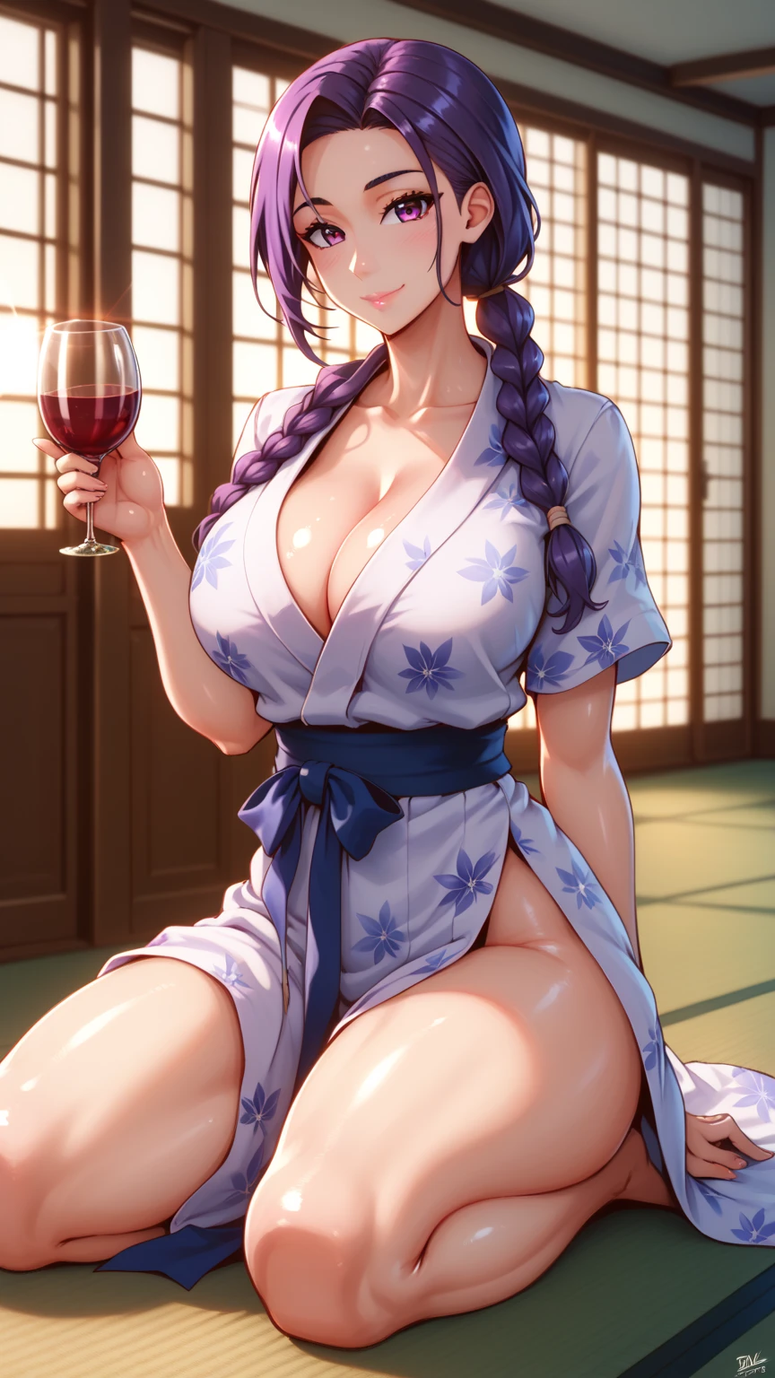 (Masterpiece), Best Quality, ultra-detailed, 1girl (jessie pokemon, Big and pretty breasts, purple hair, all back hair, hair bun,blue eyes), wicked smile,facing viewer, looking at viewer,nose blush, blush, solo, kimono, japanese clothes, undress, nipples, navel, in the livingroom, night time, standing, Sexy waist teasing, undressing