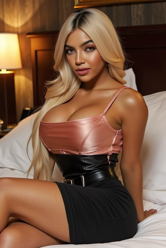 (best quality,4k,highres, highres face details), blonde long curvy hair, 18 years old, instagram model, 36DD fake breast, fake lashes, fake lips, dark makeup, perfect skin, tan skin, she is skinny, she is caucasian, she is wearing a candy pink skin tight long and sexy skim dress showing a lot of skin but staying classy, high heels, long diamond belly piercing, gold necklace, gold earring, gold ring, whole body image, taking a pose, posing, no exposed breast, no exposed ??????, golden hour, in her walk-in closet, view from behing, view from the back, picture from head to toes