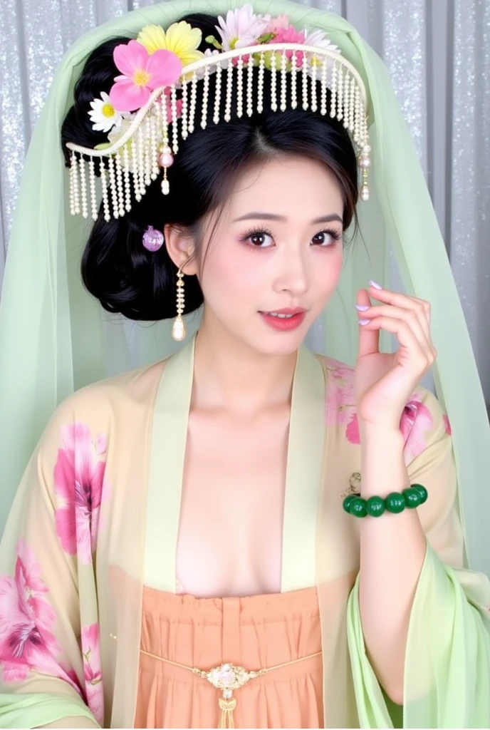 A Chinese empress is sitting naked in a Chinese palace wearing a crown and her hair tied up in a ponytail. The background is the luxurious palace of the Qing Dynasty empress.