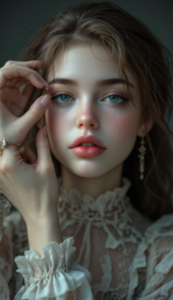 British girl, White skin, beautiful woman, long wavy black hair, light eyes, big eyes highlighting, short dress with hyper details, Full body, slim waist, small breasts, fleshy mouth, jade necklace. small pink diamond earrings in the ears. eating an apple.
[(Hassleblad H6D-400c)], [(medium format image)],[(dreamy)],[(400 mega pixels)], (photorealistic:1.4), (RAW photo:1.2), (8k), (masterpiece:1.3), (realistic), (hyper-realistic), ultra-detailed, illustration, very_high_realistic:1.5 ,very_high_resolution:1.5, HDR, CG, unity, 8k wallpaper, Amazing ,finely detail, official art, extremely detailed CG unity 8k wallpaper, (best quality), incredibly absurdres, ultra-detailed, light on face, cinema lights, cinematic lighting, professional lighting, photon mapping, radiosity, physically-based rendering, solo focus, sharp focus,
highres, extremely detailed ,extremely delicate and beautiful, intricate detail, facial muscles, beautiful detailed girl, natural makeup, extremely detailed face,  looking away.
 
