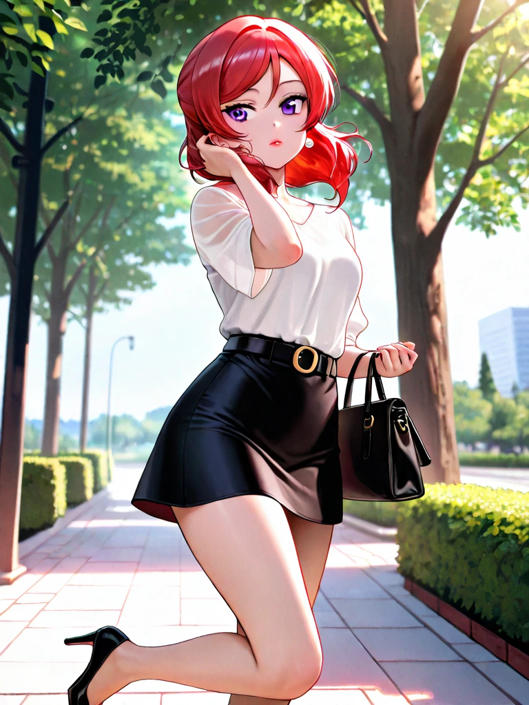  with red hair and green eyes, dressed in a white skirt and black t-shirt, with black tights and sneakers that highlight her hips and breasts