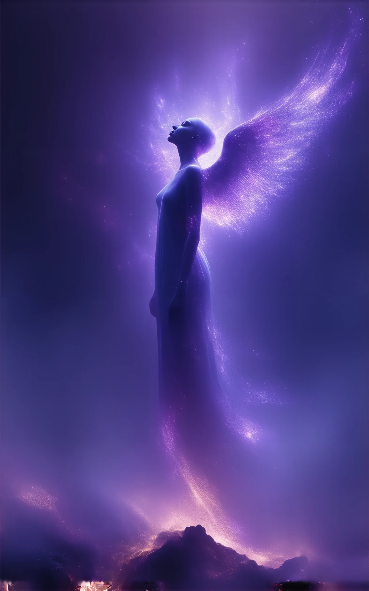 Luminous purple thread outlines an angel shape, glowing as if composed of mist, set against a pitch-black background, angelic form in ethereal mist, creating a contrast, captured in ultra high definition, ethereal, volumetric lighting.