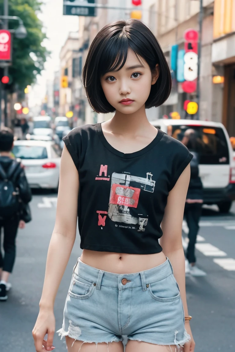 there is a woman that is standing in the street with a skateboard, Anime Thai girl, wearing yellow croptop, belle delphine, Anime girl in real life, wearing a crop top, croptop, Crop top, young and cute girl, kawaii shirt and jeans, y 2 k cutecore clowncore, Red-haired girl, wearing a cropped top, Asian girl