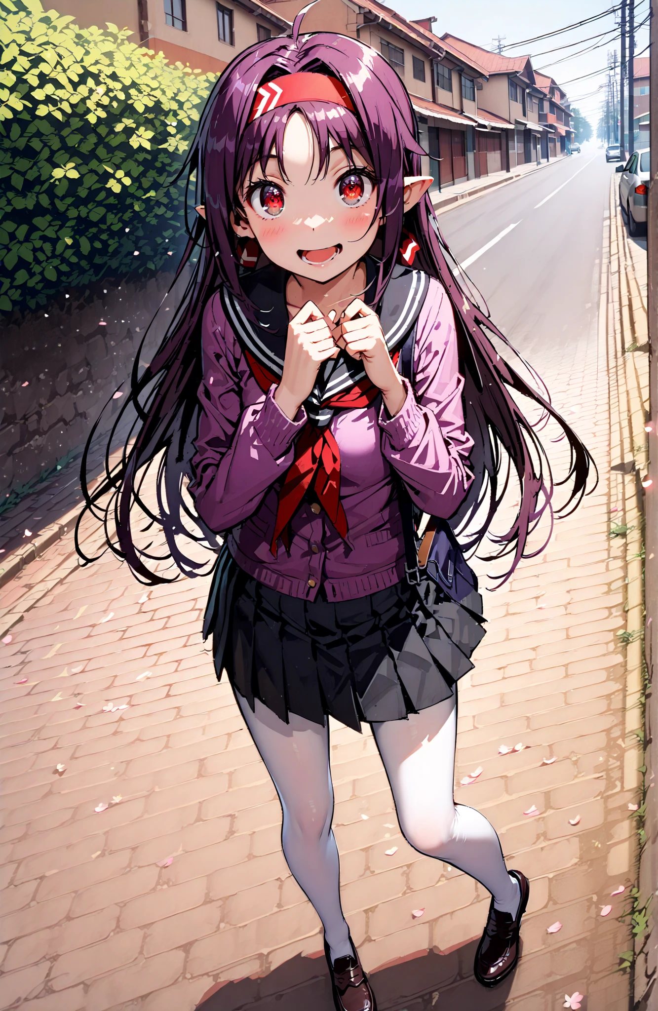 yuuki konno, headband, long hair, stupid hair,pointy ears, purple hair, Red Eyes,
smile,blush,opens his mouth,black sailor uniform, purple cardigan, long sleeve, Black Mini Pleated Skirt ,white pantyhose as if it were in the illustration,loafers,Student bag 1 :1,standing,spring,cherry blossoms, Beautiful Streetscapes,holding an umbrella grip like the whole body is in the illustration,destroy the outdoors,residential area,
壊す looking at viewer,full body
Break (masterpiece:1.2),best quality ,Kampala,unity 8k 壁紙,(shape:0.8),( fine, beautiful eyes :1.6),It's a person ,full body photo,CG Details , (perfect hand in h,Complete Anatomy),