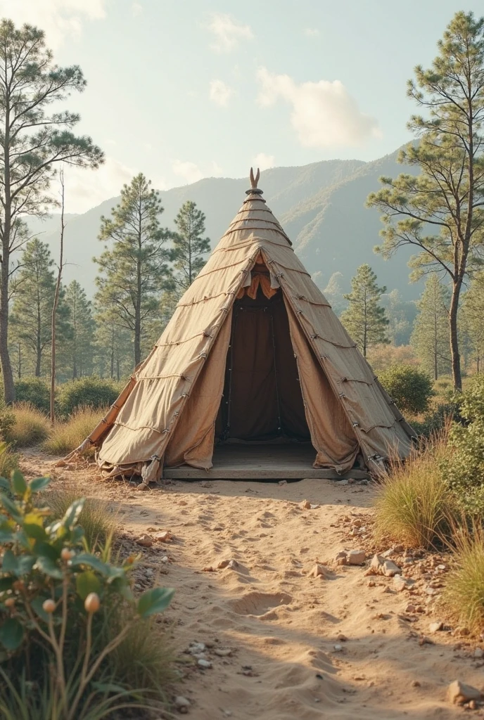 A boy sees an Indian hut made of straw in the middle of the forest where some animals were walking,raposa,coelho,anta 3D realista